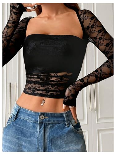 Women's Lace Sheer Mesh Ruched T Shirt Square Neck Long Sleeve Slim Fit Crop Tops4