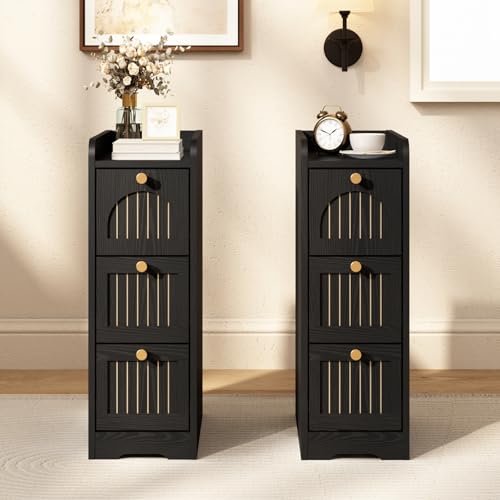 Image of 7.87 inch Narrow Nightstand Set of 2, Fluted Slim Bedside Table with 2 Drawers, Mid Century Modern Small End Table with Gold Metal Handles, for Bedroom, Living Room & Small Spaces - Black