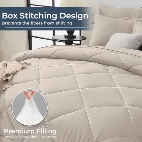 HEVUMYI Beige Tan Twin-XL Comforter Set - 5-Piece All Season Bed in a Bag Twin-XL, Ultra Soft Bedding Set with Comforter, Flat Sheet, Fitted Sheet, Pillowcases, Pillow Shams, Beige Tan