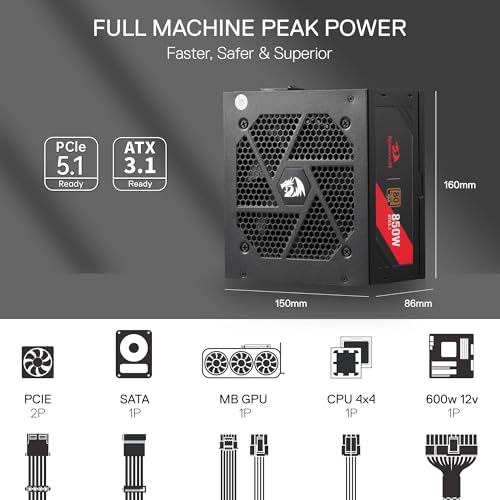 Image of Redragon RGMS-850W PRO 80+ Gold 850 Watt Power Supply w /ATX 3.1 & PCIe 5.1 Ready, Non-Modular Active PFC, Compact 150mm Size, 120mm Low Noise Fan, 100% Japanese Capacitors