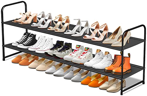 Sleeping Lamb Long 2-Tier Shoe Organizer For Closet, Stackable Wide Shoe Rack Holds 18-Pairs Low Shoe Shelf Storage For Bedroom, Floor, Entryway(Black) #TOP11