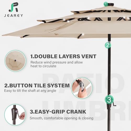 Image of JEAREY 3 Tiers Patio Umbrella with Solar Lights 9ft Outdoor Market Table Umbrellas with Push Button Tilt for Outside Pool Garden, Tan