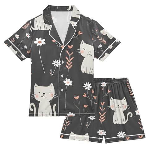 senya Cat with Flower A Satin Summer Pajama Sets Silk Short Sleeve Button Down Sleepwear