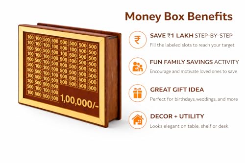 Image of Dr.Mashur Wooden Money Bank with Lock, Vintage Coin & Cash Saving Box for Kids and Adults, Reusable Piggy Bank for Home Decor and Gifting (1, 1 lakh Money Box)