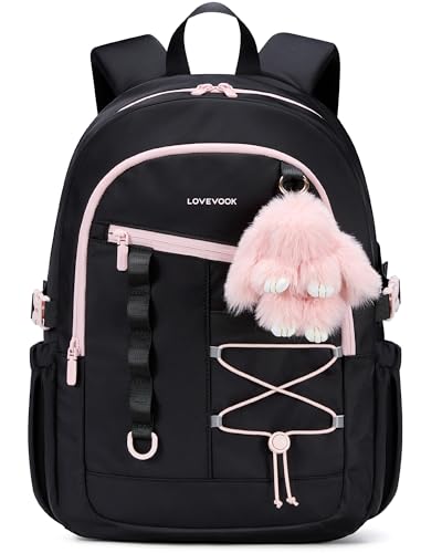 LOVEVOOK School Backpack for Girls Large Capacity 16 Laptop Backpack with Tumbler Pockets Multi-Compartment Backpacks with Lucky Bunny Charm Water-Resistant Travel Backpack Black Pink