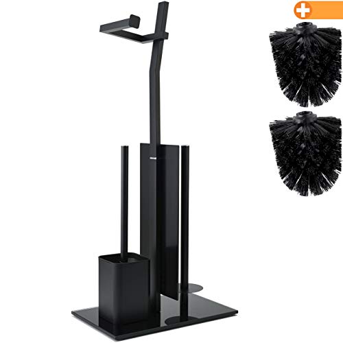 smartpeas Set WC Toilettes avec Porte-Rouleau et Brosse - Noir - Porte-Papier Toilette en Acier Inoxydable - Base en Verre 32x20x70cm -Plus: 1+2 Têtes de Brosse de Toilette de Rechange!