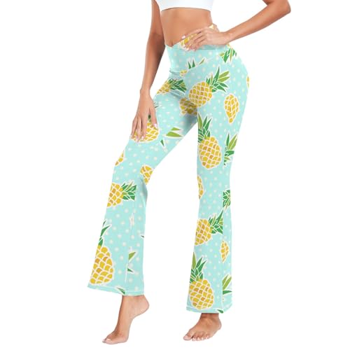 CHIFIGNO Damen Flare Yoga Hose, Bootcut Leggings für Frauen V Crossover Hohe Taille Bequeme Sweatpants, Tropische Früchte Ananas auf Blau, S CHIFIGNO Damen Flare Yoga Hose, Bootcut Leggings für Frauen V Crossover Hohe Taille Bequeme Sweatpants, Tropische Früchte Ananas auf Blau, S