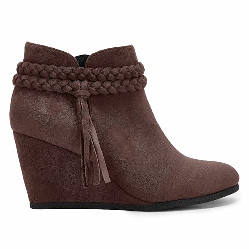 Image of Fashare Womens Wedge Ankle Boots Braided Fringe Strap Western Heeled Fall Booties Dress Shoes