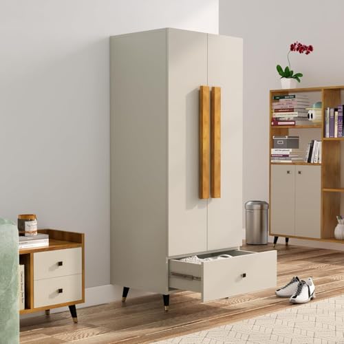 Image of Bniture Wooden Almirah for Clothes, Door for Bedroom, 2 Door Wardrobe with Drawer & Hanging Space (45D x 60W x 150H CM) | 3 Year Warranty (Frosty White)