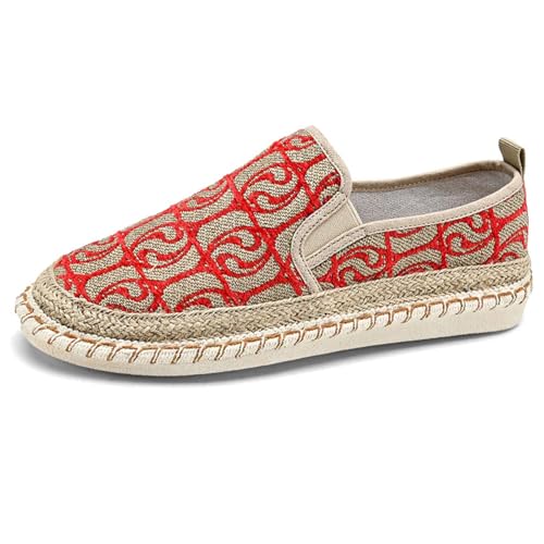 MILDSEVEN Fashion Men's Casual Linen Shoes, Slip On Traditional Chinese Breathable Footwear, Handmade Soft Retro Loafers,43,Red