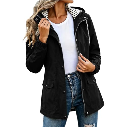 Slxbear Chaqueta impermeable para mujer, ligera, para exteriores, de manga larga, con cremallera, botones, con capucha, con bolsillos, sólida, resistente al viento, duradera, para caminar, ropa