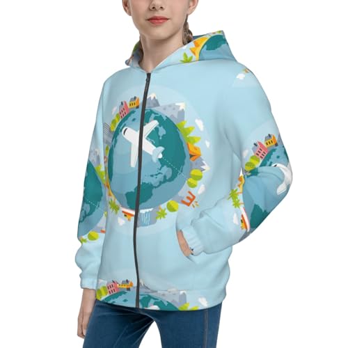Dreaming Travel Kid Hoodies Boys Zip Up Sweatshirts Girls Pullover with Pocket