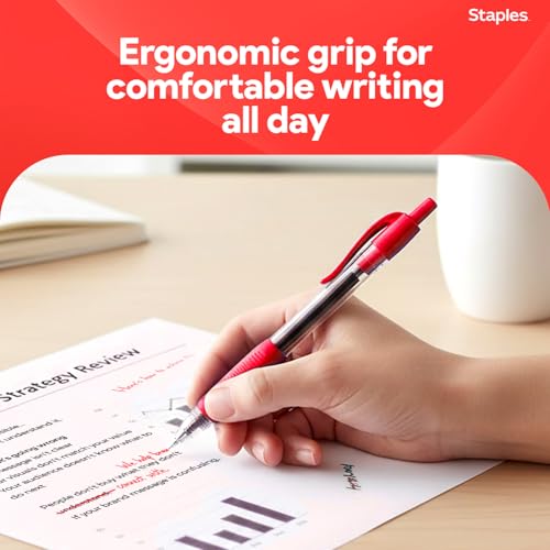 Image of STAPLES Retractable Gel Pens, Fine Point, Red Ink, 12 Pack - Smooth Writing, Quick‑Dry Pens for Notes, Editing & Office Use