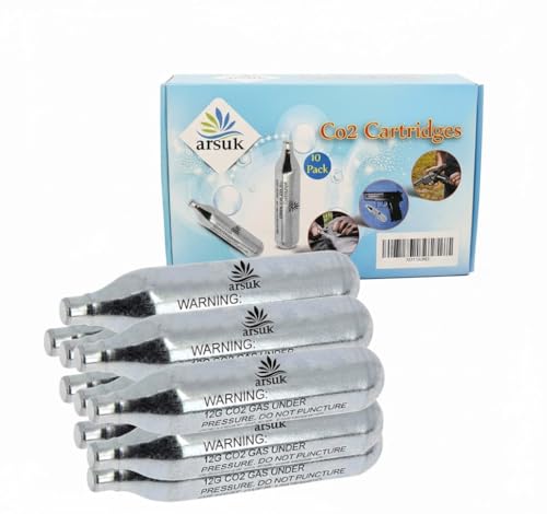 ARSUK 12g CO2 Cartridges for Airsoft Guns – Pack of 10 Non-Threaded Gas Canisters – Stainless Steel CO2 Capsules for Airsoft BB Gun, CO2-Powered Devices & Gear