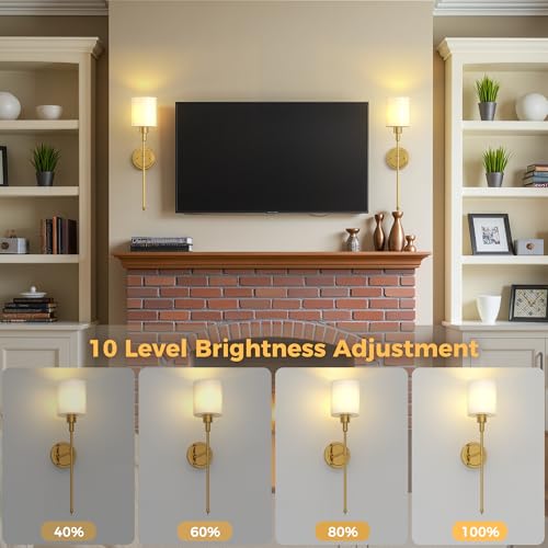 Image of DORESshop Battery Operated Wall Sconce Set of 2, Wireless Wall Light Easy to Install, 10 Color, Sconce Wall Decor Set of 2 for Bedroom, Living Room, Gold and Milky White Glass Shade, 24.3in