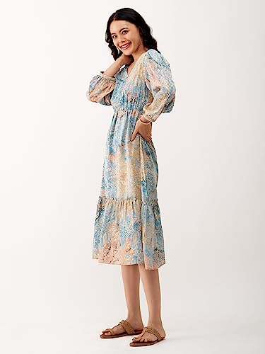 Image of AASK Abstract Printed Puff Sleeve Gathered Detailed Fit Flare Dress