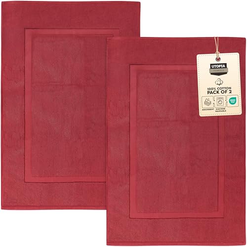 Utopia Towels Cotton Banded Rug, Bath Mats, Not a Bathroom Rug, 21 by 34 Inches, 100% Ring Spun Cotton, Highly Absorbent Shower Bathroom Floor Mat, Red, 2 Pack