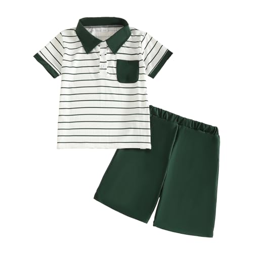 Image of Toddler Kid Boy Clothes Textured Striped Polo Collar Top Summer Shorts 2PC Summer Outfit Set