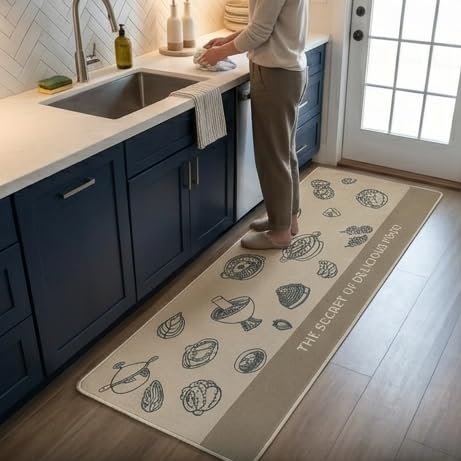Image of HomeCloud Kitchen Rectangular Mat: Premium Anti-Slip, Soft, Washable, Designer Printed Mat for Floors, Kitchens, and Rooms - (6mm Thick, 41x122 cm and 41x61cm) (Delicious Food Beige)