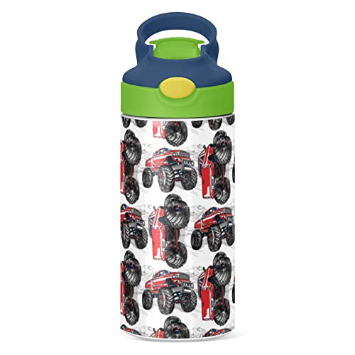 Mchiver Truck Car Kids Water Bottle With Straw Insulated Stainless Steel Kids Water Bottle Thermos For School Boys Girls Bpa Free Cups 12 Oz / 350 Ml Green Top #TOP1