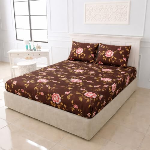 Image of DECOR2ADMIRE 300TC Premium Glace Cotton Printed Super King Size Double Bedsheet with Two Pillow Covers, 108 * 108 Inches or 9ft by 9ft or 275 cm x 275 cm (Blush Charm)