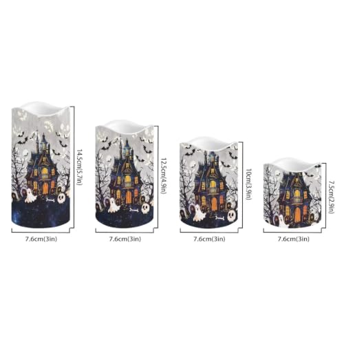Image of Halloween Haunted House Color Changing Electric Candles | Halloween Flameless Candle Set with Remote Control, Battery Operated Fake Candles for Kitchen Room Home Decor, 4 Pack