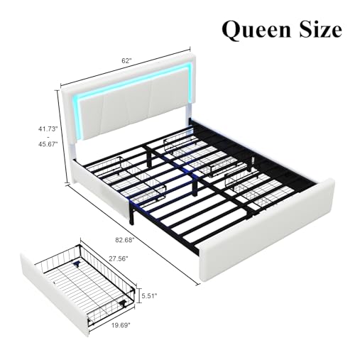 Image of Queen Size Bed Frame with 4 Storage Drawers, Upholstered Headboard, White