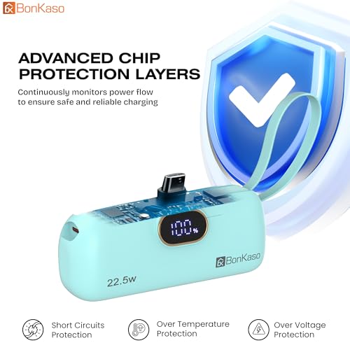 Image of BonKaso 5000mAh Mini Power Bank with Built in Cable, 22.5W PD Fast Charging Pocket Portable Charger, USB Type C Input and Output, Digital LED Display for iPhone and Android, Green