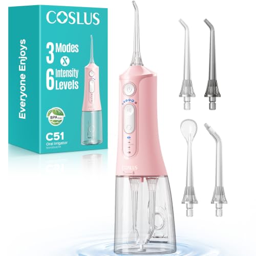 Image of COSLUS ADA Accepted C51 Water Dental Flosser for Teeth, 3 Modes 6 Pressure | Water Dental Pick for Orthodontic, Braces, Sensitive Gums, Multiple Users, Compact for Travel Built-in Nozzle Storage, Pink