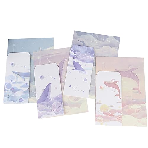 HONMEET 4セット風レトロ便箋 書きやすいアンティークスル手紙用紙 かわいいクジラと海生生物モチーフ 文具プレゼントにも