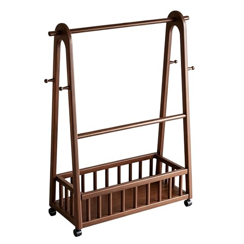 ZENSTYW Perchero De Pie De Madera Maciza Con Ruedas,Colgador De Ropa Multifuncional Con Barra Doble,Ganchos Y Cesta De Almacenamiento Para Dormitorio,Salón,Entrada(80cm/31.5in)