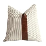 Merrycolor Farmhouse Decorative Throw Pillow Covers for Couch Sofa Stripe Faux Leather Accent Brown...