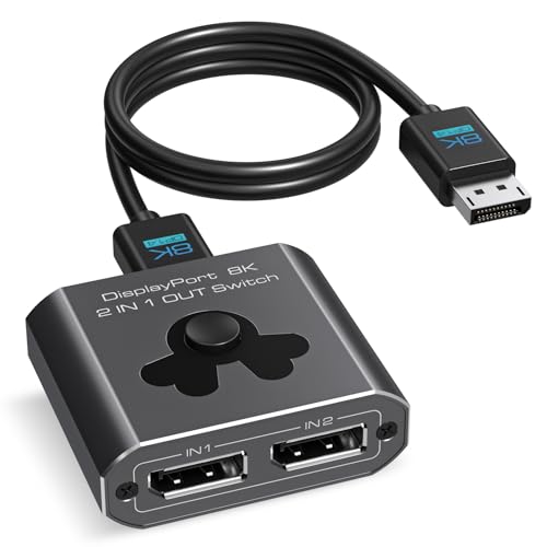 8K60Hz DisplayPort Switch 2 in 1 Out DP 1.4 Switcher Selector Box Support 4K@144Hz High Resolution 2x1 Display Port Monitor Switch for Laptop Desktop TV Monitors Projectors etc