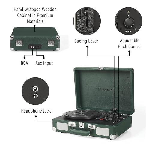Image of Crosley CR8005F-EM Cruiser Plus Record Player, Dark Emerald | 3-Speed Turntable, Bluetooth In / Out, Built-in Stereo Speakers, Isolated Internal Speakers Minimize Vibration