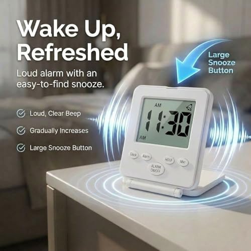 Image of Digital Travel Alarm Clock - No Bells, No Whistles, Simple Basic Operation, Loud Alarm, Snooze, Small and Light, ON /Off Switch, 2 AAA Battery Powered, White