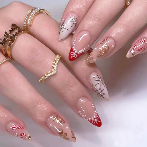 Christmas Press on Nails Long Fake Nail Almond Snowflakes Christm...