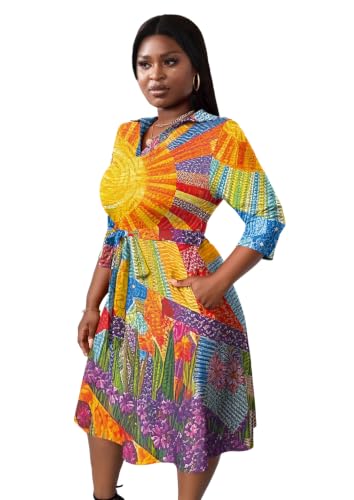 Image of FANDEE Plus Size Midi Dress for Women - Printing Summer Dresses for Wedding Guest Cocktail Party 3 /4 Sleeve V Neck(L-5XL)