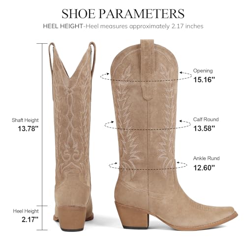Image of Tscoyuki Cowboy Boots for Women: Embroidered Western Knee High Boots Women - Pointed Toe Chunky Heel Cowgirl Tall Boots