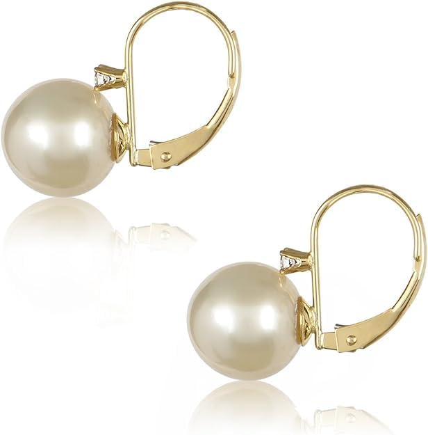 14K Yellow Gold 9-10mm Golden South Sea Cultured Pearl Leverback Earrings with .06cts of White Diamonds