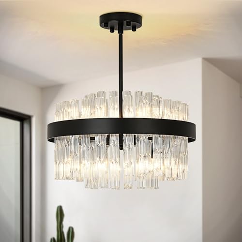 KUNYEEE Black Crystal Chandeliers Flush Mount Crystal Ceiling Light Fixture Round Chandeliers Pendant Light for Living Room Kitchen Island Dining Table Hallway,G9 x 8 Lights 40cm
