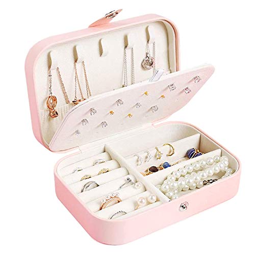 Travel Jewelry Organizer,PU Leather Travel Jewelry Case,Double Layer Small Jewelry Box for Women Girls,Jewelry Organizer Box for Necklace,Ring,Earring (Primrose Pink)
