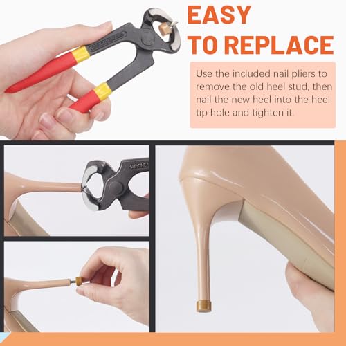 Image of Tanstic 30 Pairs Women's High Heel Shoes Replacement Tips Pin with 6 inch Heel Pliers, 9x9mm, 9x10mm, 10x10mm, 10x11mm, 10.5x12.5mm Black Beige High Heel Shoe Tips - 2.4mm /0.09 inch Pin Diameter
