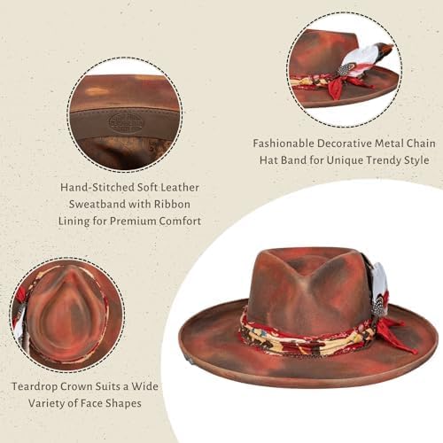 RUEDIGER Vintage Wide Brim Fedora Hats 100% Wool Stiff Felt Hat Rancher Hat with Lightning Logo Handmade Distressed/Burned - Image 6