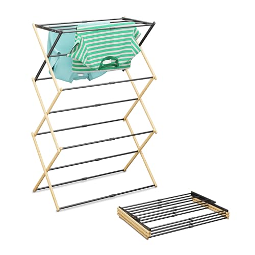 Relaxdays Stendibiancheria Pieghevole, Stendino Verticale a Torre, 11 Aste, HLP: 107x43-74x37 cm, in bambù e Ferro, Nero