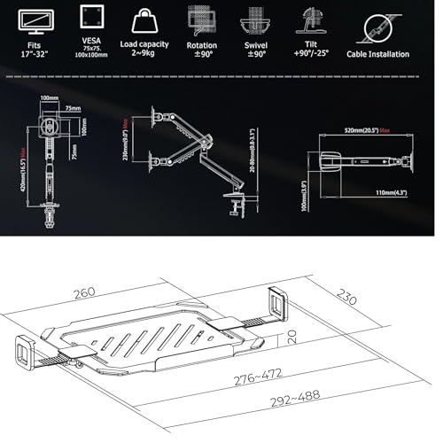 Image of Gadget Wagon 13-17 inch Laptop Desk Stand Spring Arm 360 Degree with Swivel and Tilt, Height Adjustable | Grommet & Clamp Installation 9 Kgs Load Capacity