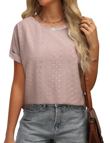 Niwicee Camiseta Mujer Manga Corta Cuello Redondo Hueca Camisa Camisetas Elegante Blusas Casual Verano Básico Tshirts Tops S-XXL(Rosa,L)