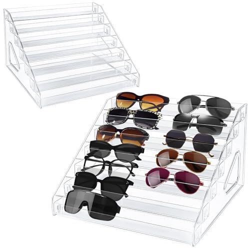Image of 2 Pack 7 Tier Sunglass Organizer Stand, Clear Acrylic Sunglasses Organizer - Versatile Storage Tray for Eyeglasses, Sunglasses, Cosmetics, Cards & Nail Polish