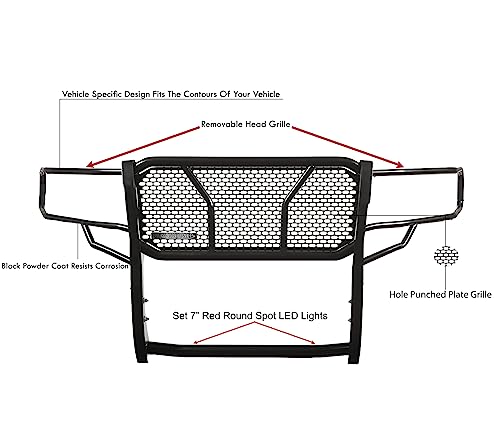 Image of Black Horse RUGGED Heavy Duty Grille Brush Bumper Guard Modular Black Come With pair of 7.0 inchDia.LED Lights with Red Trim Rings Compatible with 2007-2020 Tundra|2008-2022 Sequoia-RU-TOTU07-B-PLR