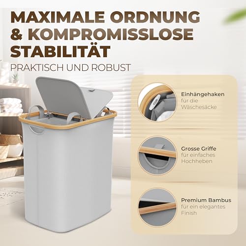 Wäschekorb 100L mit 2 Deckeln und 2 Fächern – Faltbarer Wäschesammler aus Bambus-Stoff Hellgrau – Wäschebox, Wäschetruhe, Wäschebehälter, Wäschetrenner für Bad, Schlafzimmer & Waschküche