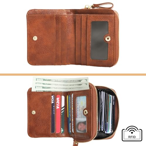 Image of Genuine Wallet Women RFID Blocking Card Holder, Small Leather Womens Wallet with Zipper ID Window Coin Pocket